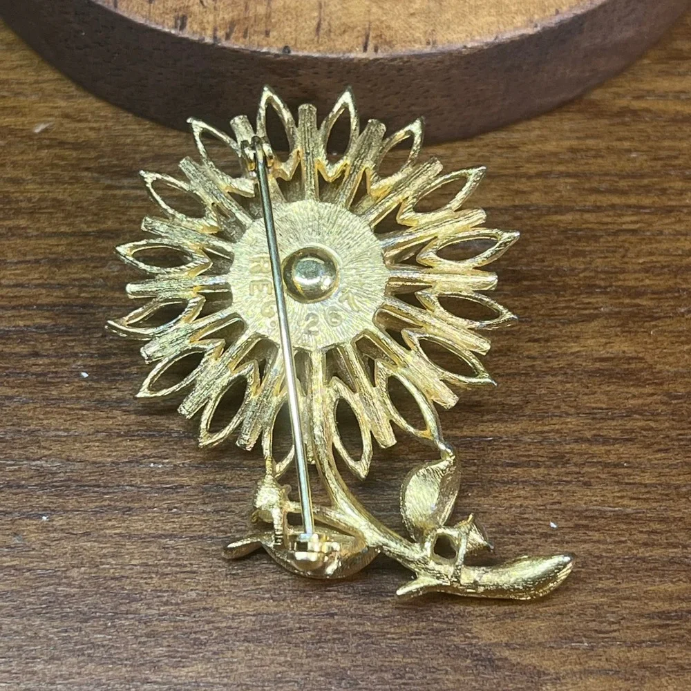 Vtg Swarovski Opal Rhinestone Sunflower Brooch Gold Tone Signed REG 267